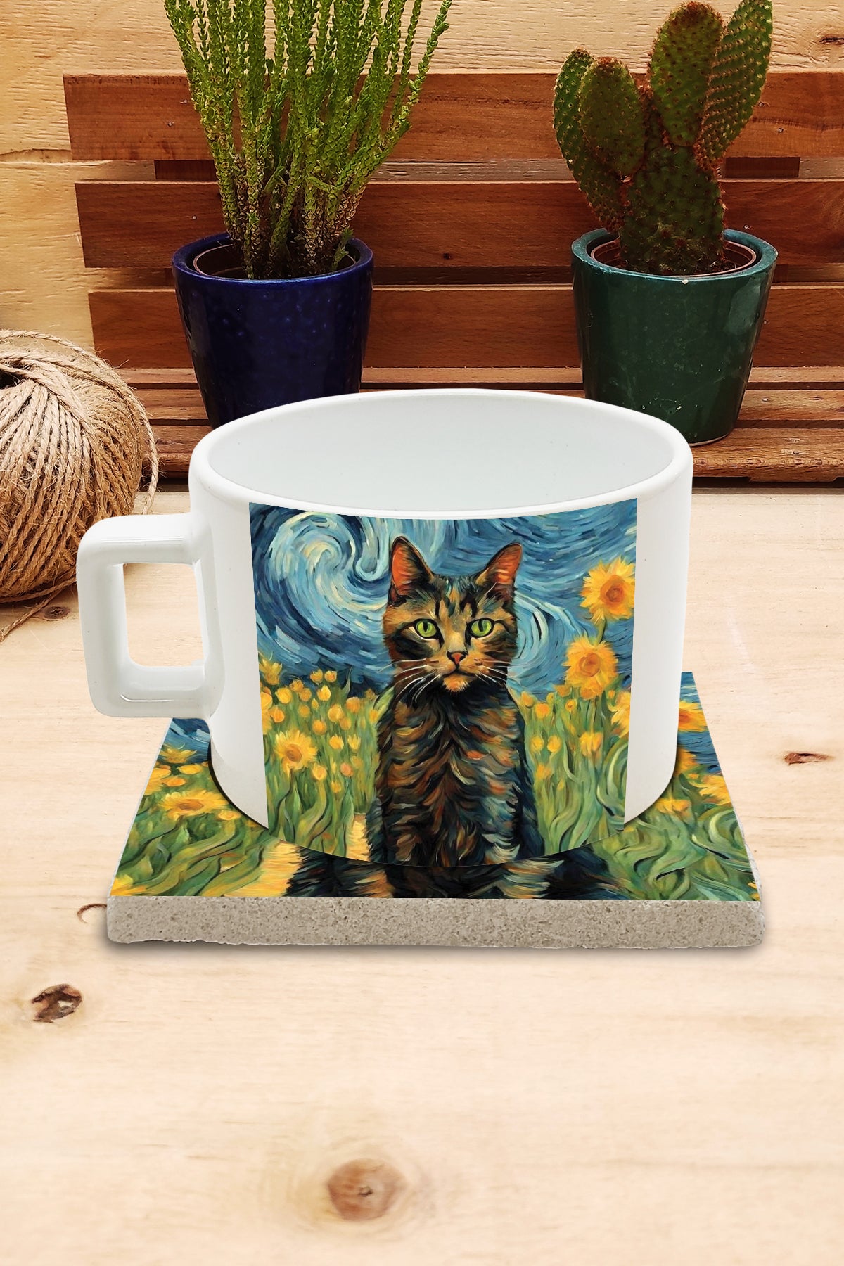 Kediler ve Sanat – Van Gogh Ayçiçekleri (Sunflowers) Çay/Kahve Fincanı ve Bardak Altlığı Seti – görsel 2