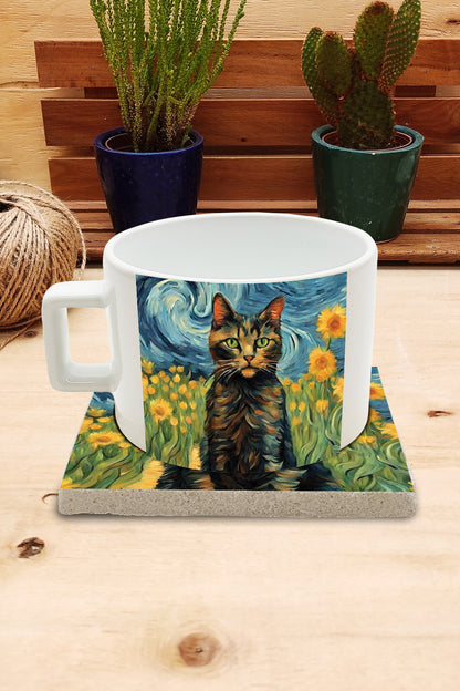 Kediler ve Sanat – Van Gogh Ayçiçekleri (Sunflowers) Çay/Kahve Fincanı ve Bardak Altlığı Seti – görsel 2