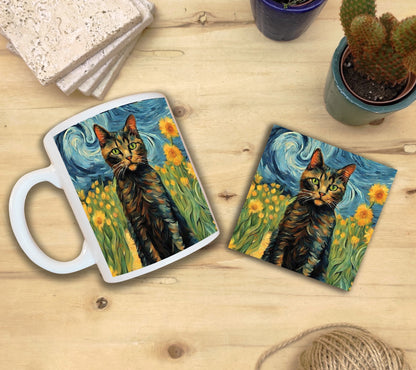 Kediler ve Sanat – Van Gogh Ayçiçekleri (Sunflowers) Kupa ve Bardak Altlığı Seti