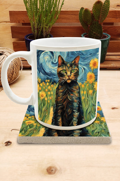 Kediler ve Sanat – Van Gogh Ayçiçekleri (Sunflowers) Kupa ve Bardak Altlığı Seti – görsel 2