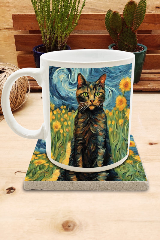 Kediler ve Sanat – Van Gogh Ayçiçekleri (Sunflowers) Kupa ve Bardak Altlığı Seti – görsel 2