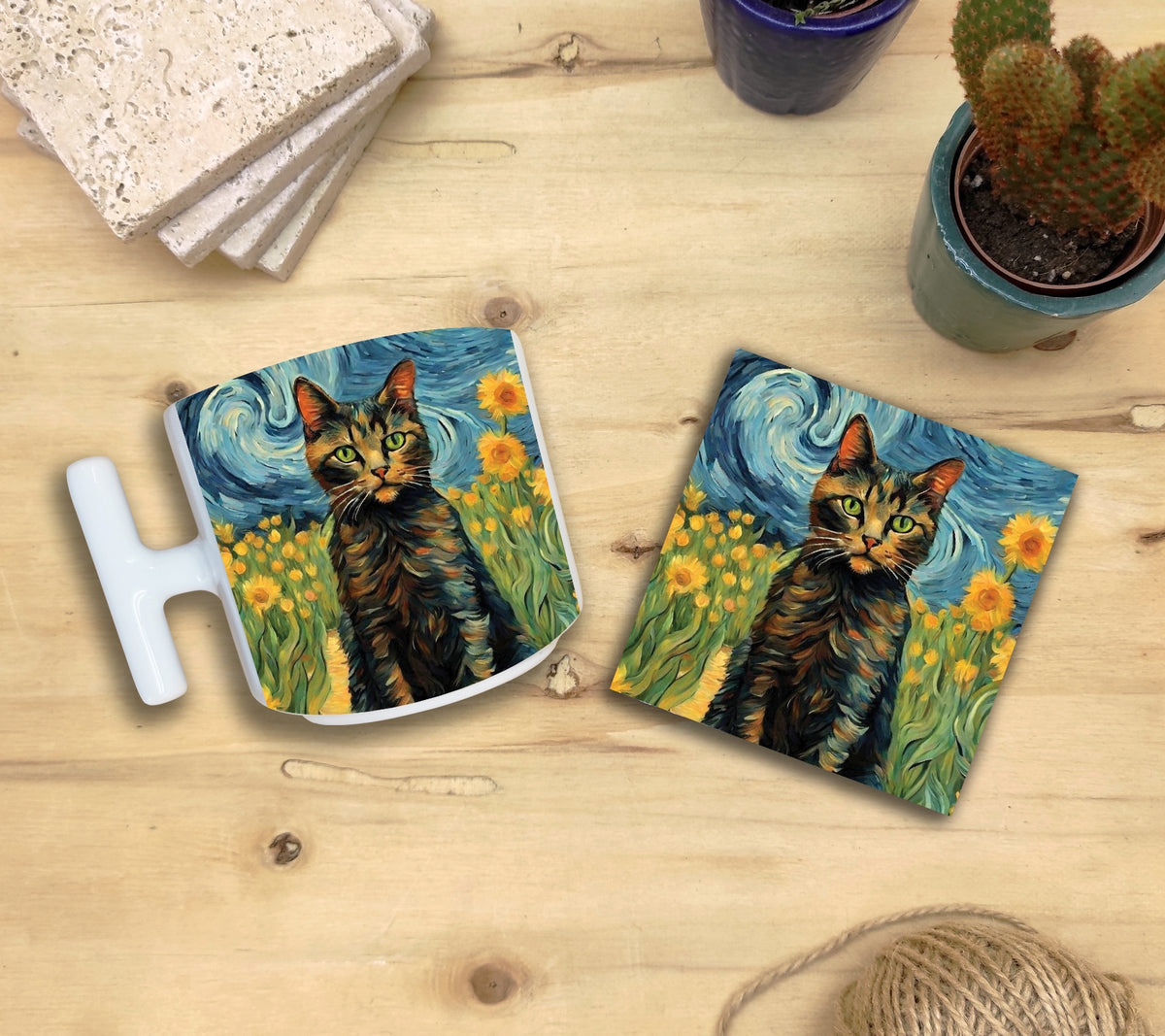 Kediler ve Sanat – Van Gogh Ayçiçekleri (Sunflowers) T Kulplu Kupa ve Bardak Altlığı Seti