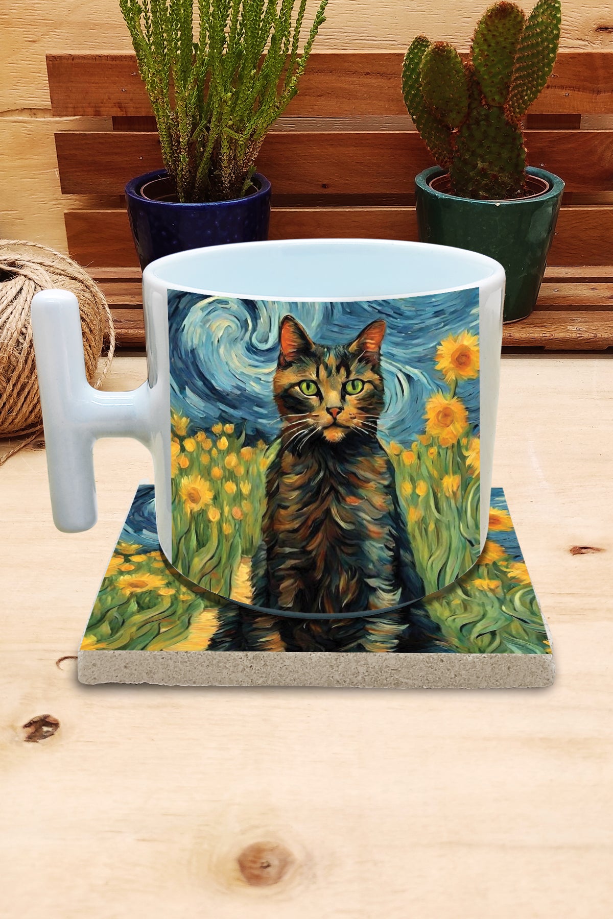 Kediler ve Sanat – Van Gogh Ayçiçekleri (Sunflowers) T Kulplu Kupa ve Bardak Altlığı Seti – görsel 2