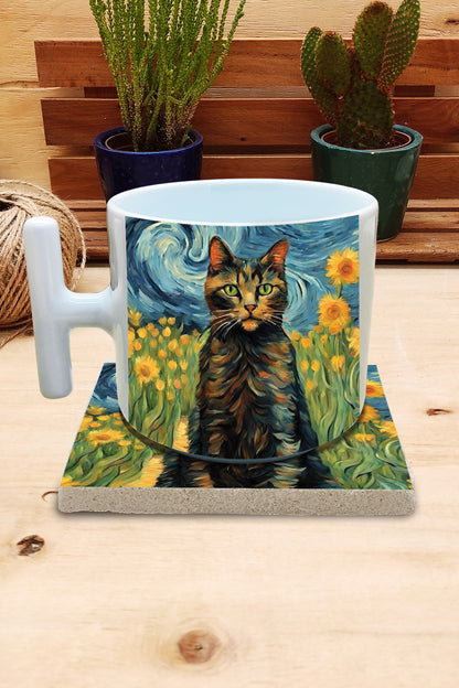 Kediler ve Sanat – Van Gogh Ayçiçekleri (Sunflowers) T Kulplu Kupa ve Bardak Altlığı Seti – görsel 2