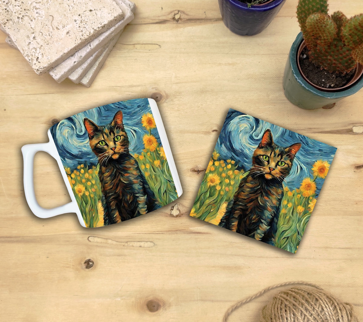 Kediler ve Sanat – Van Gogh Ayçiçekleri (Sunflowers) Yelken Kulplu Kupa ve Bardak Altlığı Seti