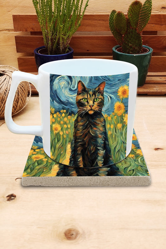 Kediler ve Sanat – Van Gogh Ayçiçekleri (Sunflowers) Yelken Kulplu Kupa ve Bardak Altlığı Seti – görsel 2