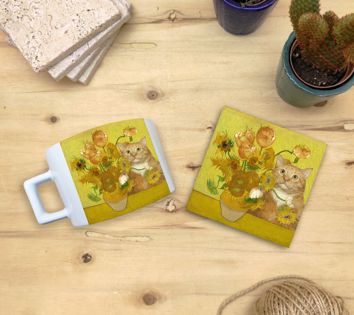 Kediler ve Sanat – Van Gogh Ayçiçekli Vazo (Vase with Sunflowers) Çay/Kahve Fincanı ve Bardak Altlığı Seti