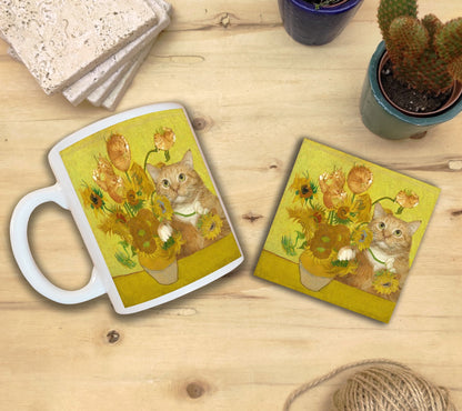 Kediler ve Sanat – Van Gogh Ayçiçekli Vazo (Vase with Sunflowers) Kupa ve Bardak Altlığı Seti