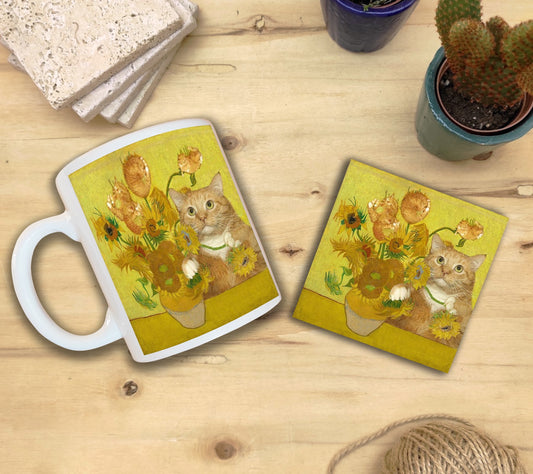 Kediler ve Sanat – Van Gogh Ayçiçekli Vazo (Vase with Sunflowers) Kupa ve Bardak Altlığı Seti