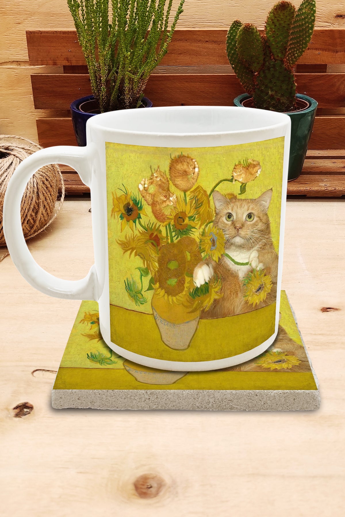 Kediler ve Sanat – Van Gogh Ayçiçekli Vazo (Vase with Sunflowers) Kupa ve Bardak Altlığı Seti – görsel 2