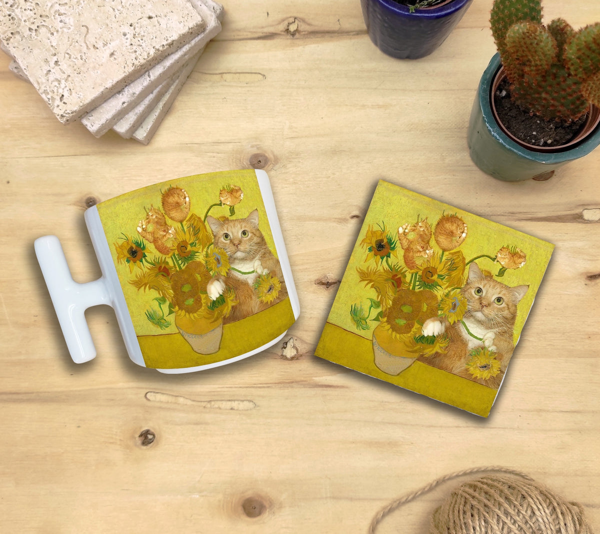 Kediler ve Sanat – Van Gogh Ayçiçekli Vazo (Vase with Sunflowers) T Kulplu Kupa ve Bardak Altlığı Seti