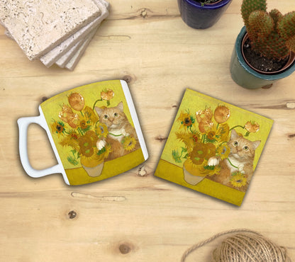 Kediler ve Sanat – Van Gogh Ayçiçekli Vazo (Vase with Sunflowers) Yelken Kulplu Kupa ve Bardak Altlığı Seti
