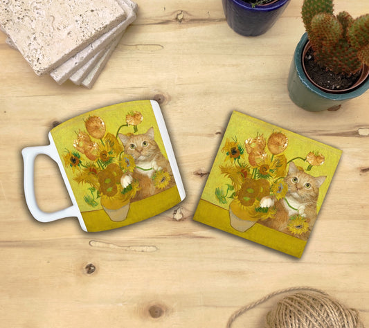 Kediler ve Sanat – Van Gogh Ayçiçekli Vazo (Vase with Sunflowers) Yelken Kulplu Kupa ve Bardak Altlığı Seti
