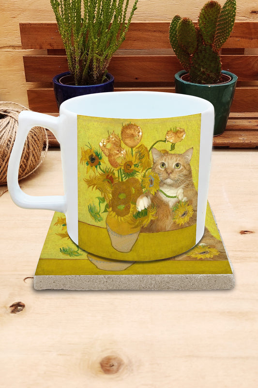 Kediler ve Sanat – Van Gogh Ayçiçekli Vazo (Vase with Sunflowers) Yelken Kulplu Kupa ve Bardak Altlığı Seti – görsel 2