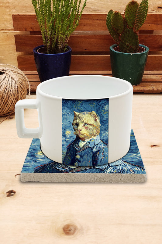 Kediler ve Sanat – Van Gogh Otoportre (Self-Portrait) Çay/Kahve Fincanı ve Bardak Altlığı Seti – görsel 2