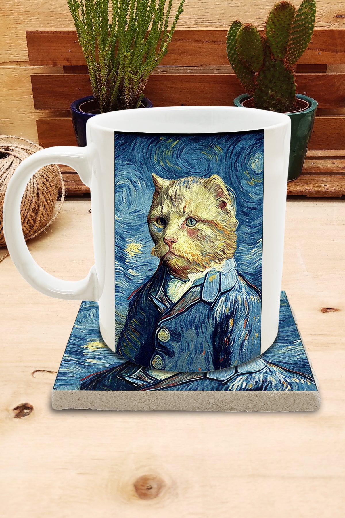 Kediler ve Sanat – Van Gogh Otoportre (Self-Portrait) Kupa ve Bardak Altlığı Seti – görsel 2