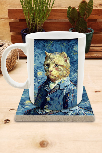 Kediler ve Sanat – Van Gogh Otoportre (Self-Portrait) Kupa ve Bardak Altlığı Seti – görsel 2