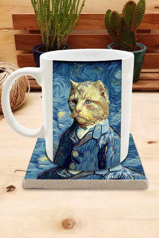 Kediler ve Sanat – Van Gogh Otoportre (Self-Portrait) Kupa ve Bardak Altlığı Seti – görsel 2