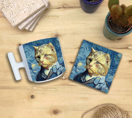 Kediler ve Sanat – Van Gogh Otoportre (Self-Portrait) T Kulplu Kupa ve Bardak Altlığı Seti
