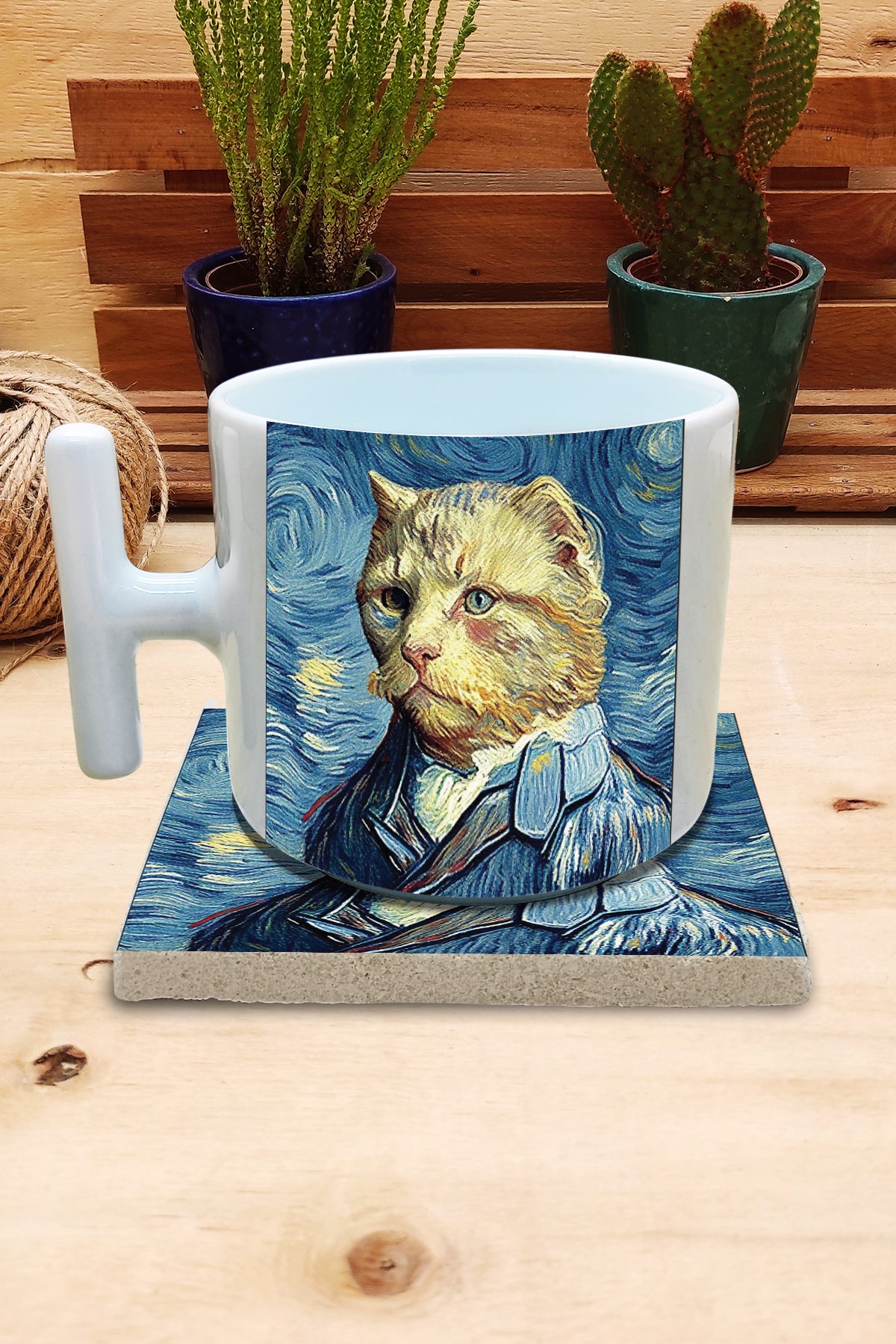 Kediler ve Sanat – Van Gogh Otoportre (Self-Portrait) T Kulplu Kupa ve Bardak Altlığı Seti – görsel 2