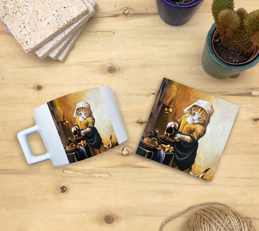 Kediler ve Sanat – Vermeer Sütçü Kız (The Milkmaid) Çay/Kahve Fincanı ve Bardak Altlığı Seti