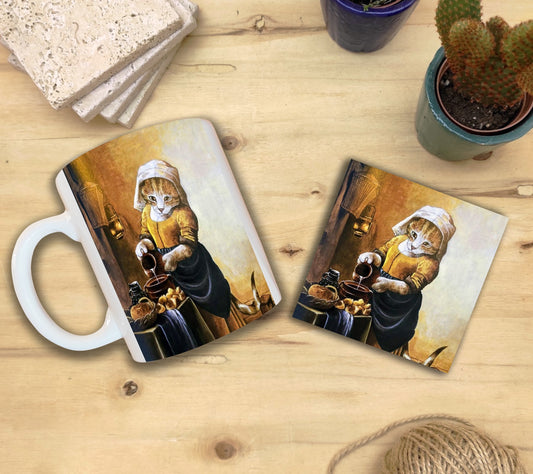 Kediler ve Sanat – Vermeer Sütçü Kız (The Milkmaid) Kupa ve Bardak Altlığı Seti