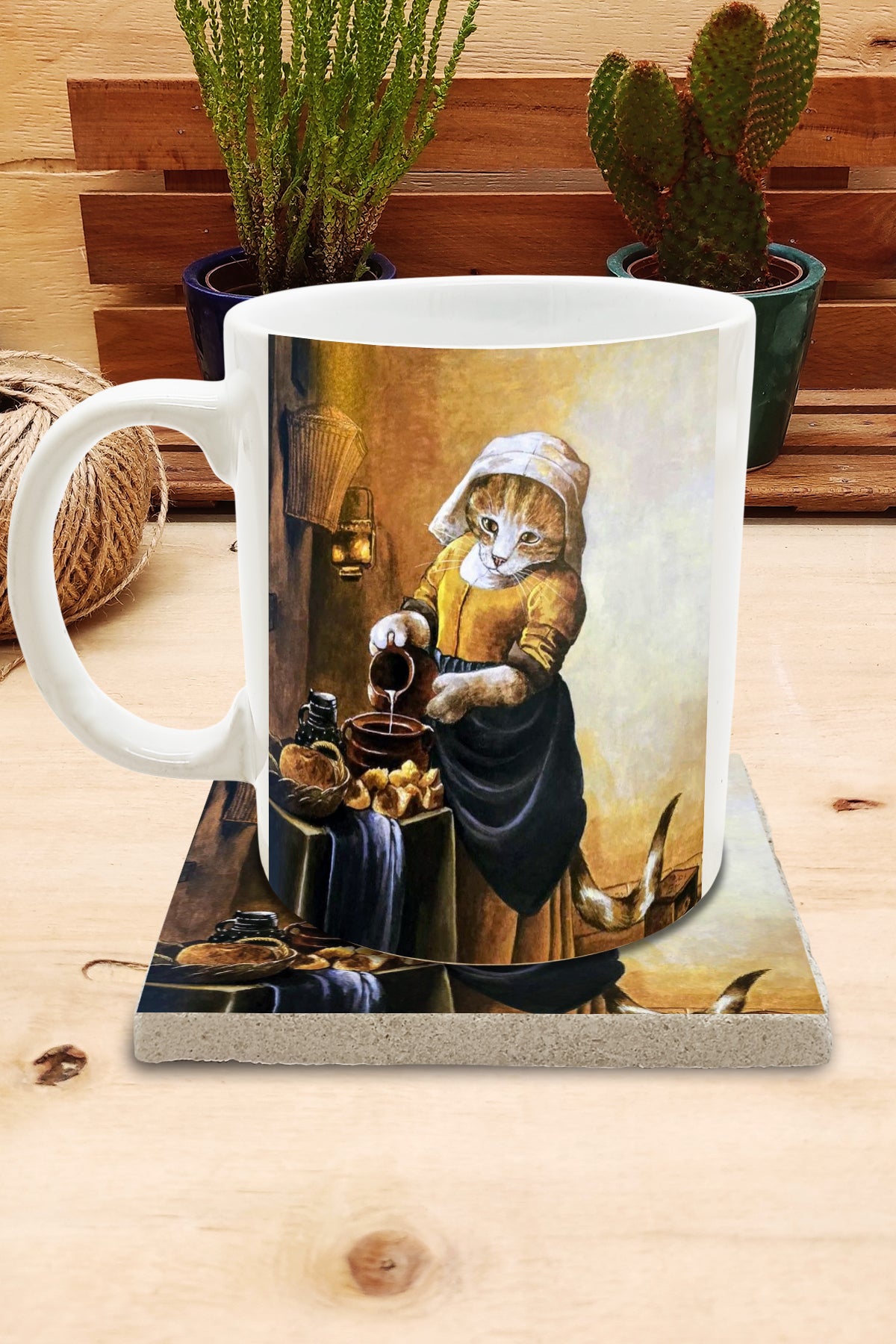 Kediler ve Sanat – Vermeer Sütçü Kız (The Milkmaid) Kupa ve Bardak Altlığı Seti – görsel 2