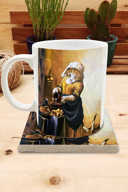 Kediler ve Sanat – Vermeer Sütçü Kız (The Milkmaid) Kupa ve Bardak Altlığı Seti – görsel 2