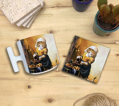 Kediler ve Sanat – Vermeer Sütçü Kız (The Milkmaid) T Kulplu Kupa ve Bardak Altlığı Seti