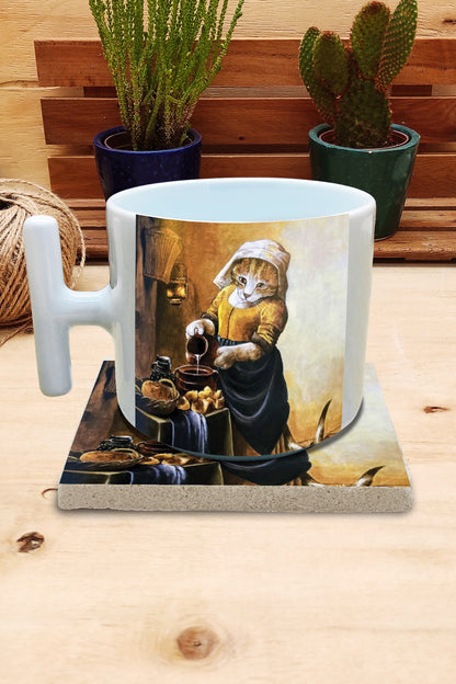 Kediler ve Sanat – Vermeer Sütçü Kız (The Milkmaid) T Kulplu Kupa ve Bardak Altlığı Seti – görsel 2