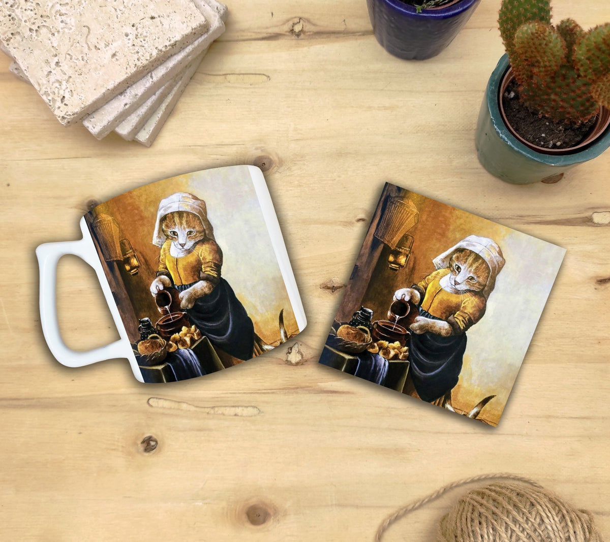 Kediler ve Sanat – Vermeer Sütçü Kız (The Milkmaid) Yelken Kulplu Kupa ve Bardak Altlığı Seti