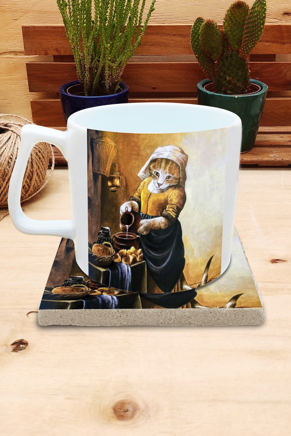 Kediler ve Sanat – Vermeer Sütçü Kız (The Milkmaid) Yelken Kulplu Kupa ve Bardak Altlığı Seti – görsel 2