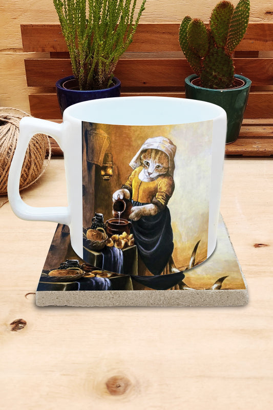 Kediler ve Sanat – Vermeer Sütçü Kız (The Milkmaid) Yelken Kulplu Kupa ve Bardak Altlığı Seti – görsel 2
