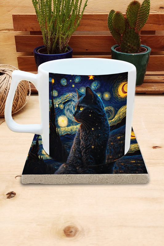Kediler ve Sanat – Yıldızlı Kara Kedi, Van Gogh Yıldızlı Gece (The Starry Night) Yelken Kulplu Kupa ve Bardak Altlığı Seti – görsel 2