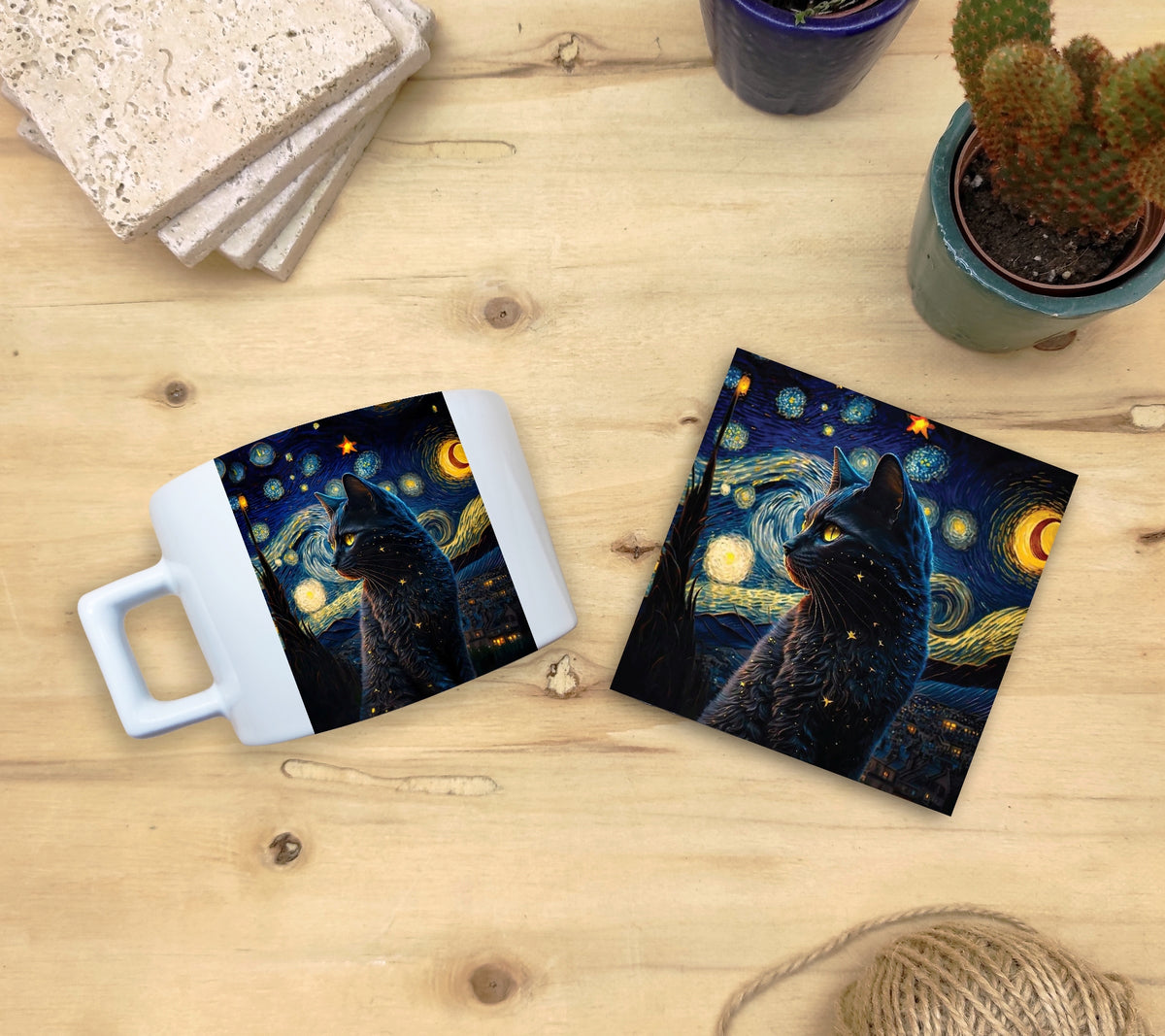 Kediler ve Sanat – Yıldızlı Kara Kedi, Van Gogh Yıldızlı Gece (The Starry Night) Çay/Kahve Fincanı ve Bardak Altlığı Seti