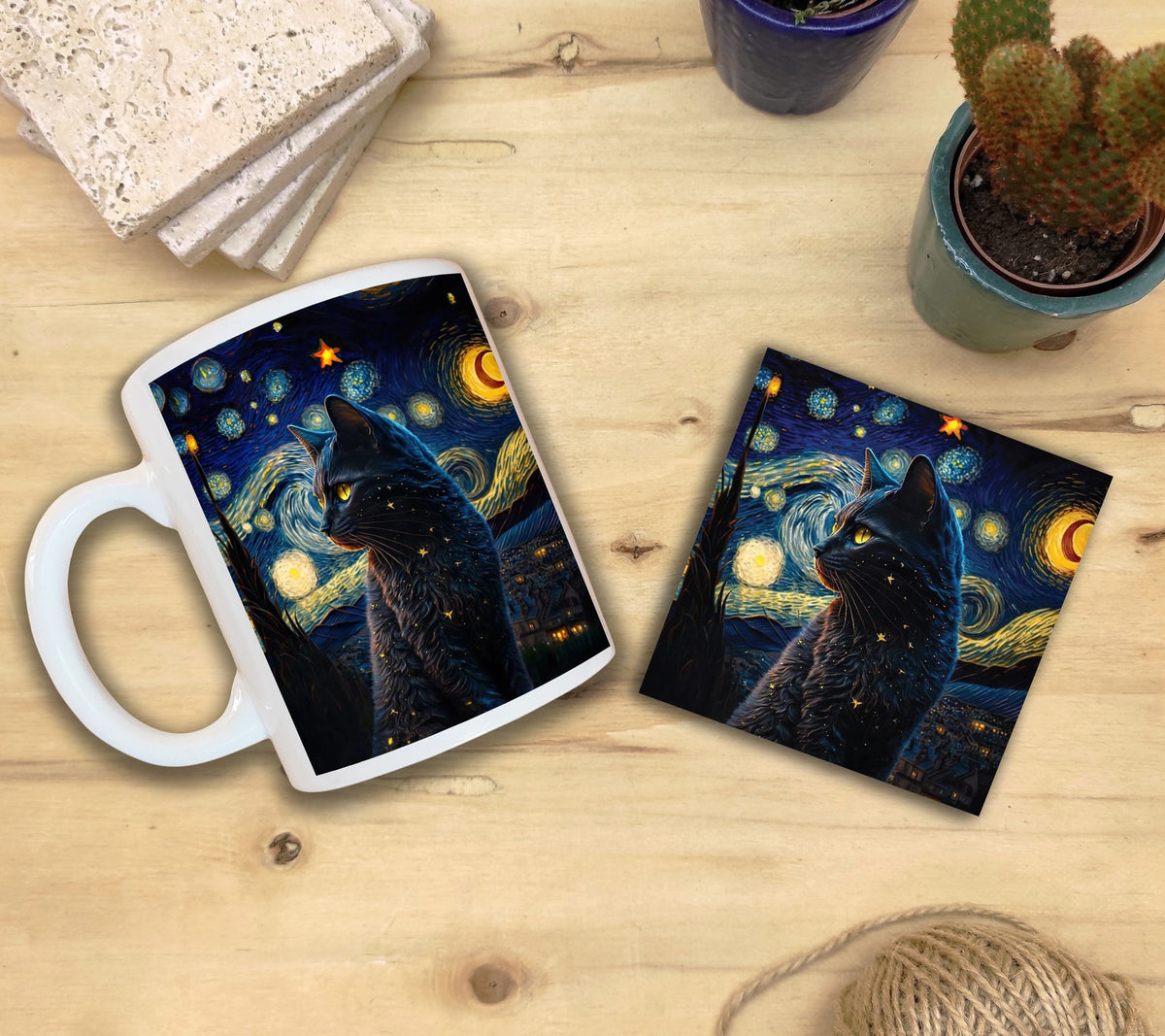 Kediler ve Sanat – Yıldızlı Kara Kedi, Van Gogh Yıldızlı Gece (The Starry Night) Kupa ve Bardak Altlığı Seti