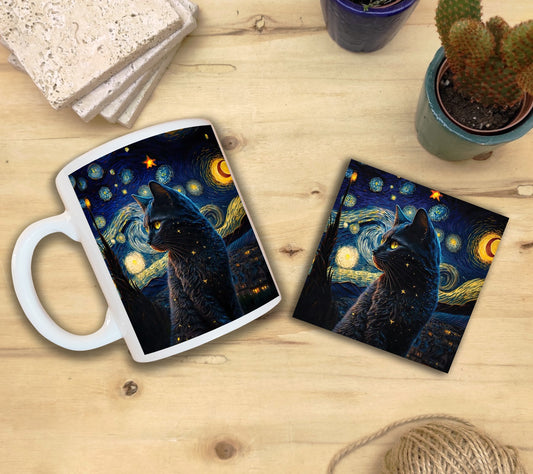Kediler ve Sanat – Yıldızlı Kara Kedi, Van Gogh Yıldızlı Gece (The Starry Night) Kupa ve Bardak Altlığı Seti