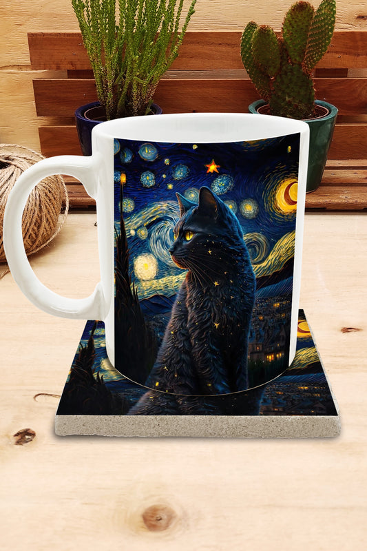 Kediler ve Sanat – Yıldızlı Kara Kedi, Van Gogh Yıldızlı Gece (The Starry Night) Kupa ve Bardak Altlığı Seti – görsel 2