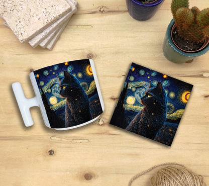Kediler ve Sanat – Yıldızlı Kara Kedi, Van Gogh Yıldızlı Gece (The Starry Night) T Kulplu Kupa ve Bardak Altlığı Seti