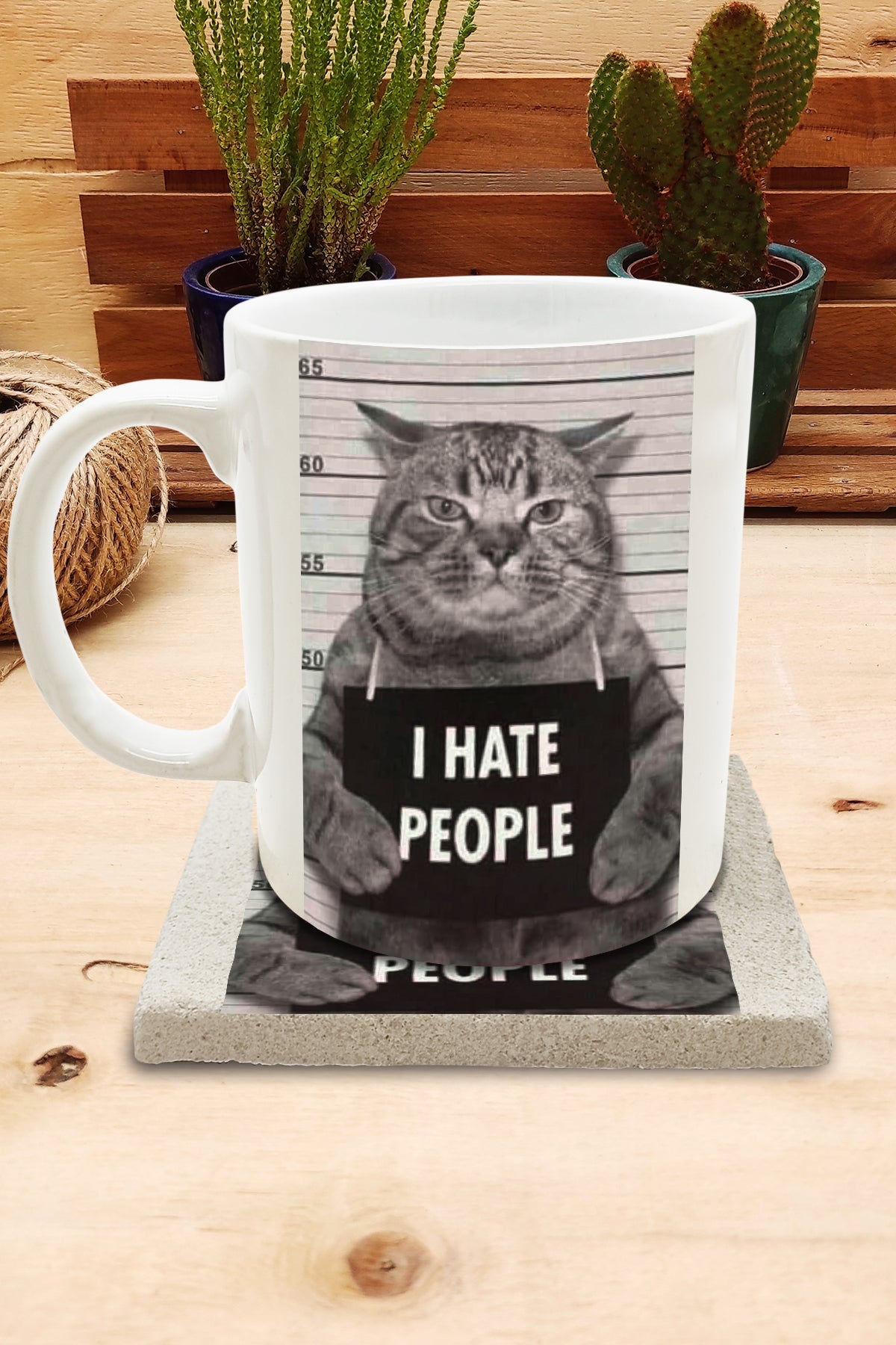 Kediler ve Sloganlar – I Hate People Kupa ve Bardak Altlığı Seti – görsel 2