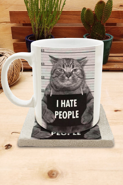 Kediler ve Sloganlar – I Hate People Kupa ve Bardak Altlığı Seti – görsel 2