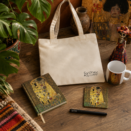 Klimt – Öpücük (The Kiss) Fincan, Bardak Altlığı, Defter, Kalem ve Kanvas Çanta Seti – görsel 2
