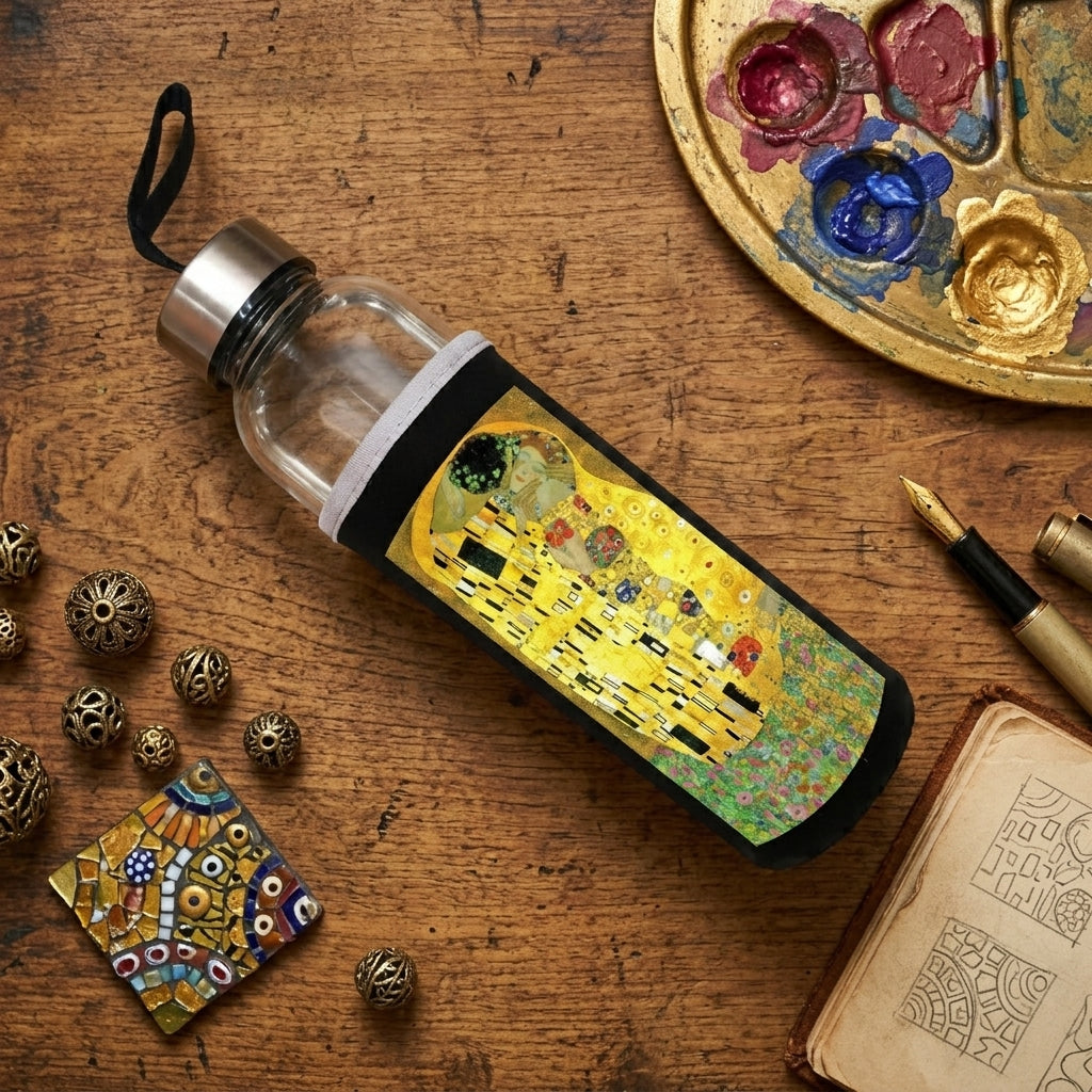 Klimt – Öpücük (The Kiss) Kılıflı Cam Matara 500 ml – görsel 3