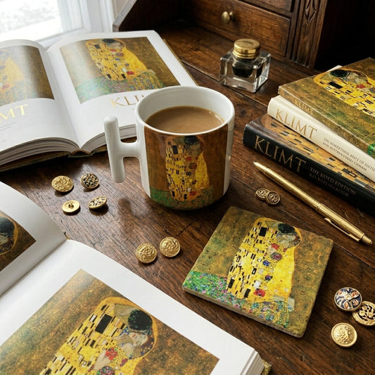 Klimt – Öpücük (The Kiss) T Kulplu Kupa ve Bardak Altlığı Seti – görsel 2