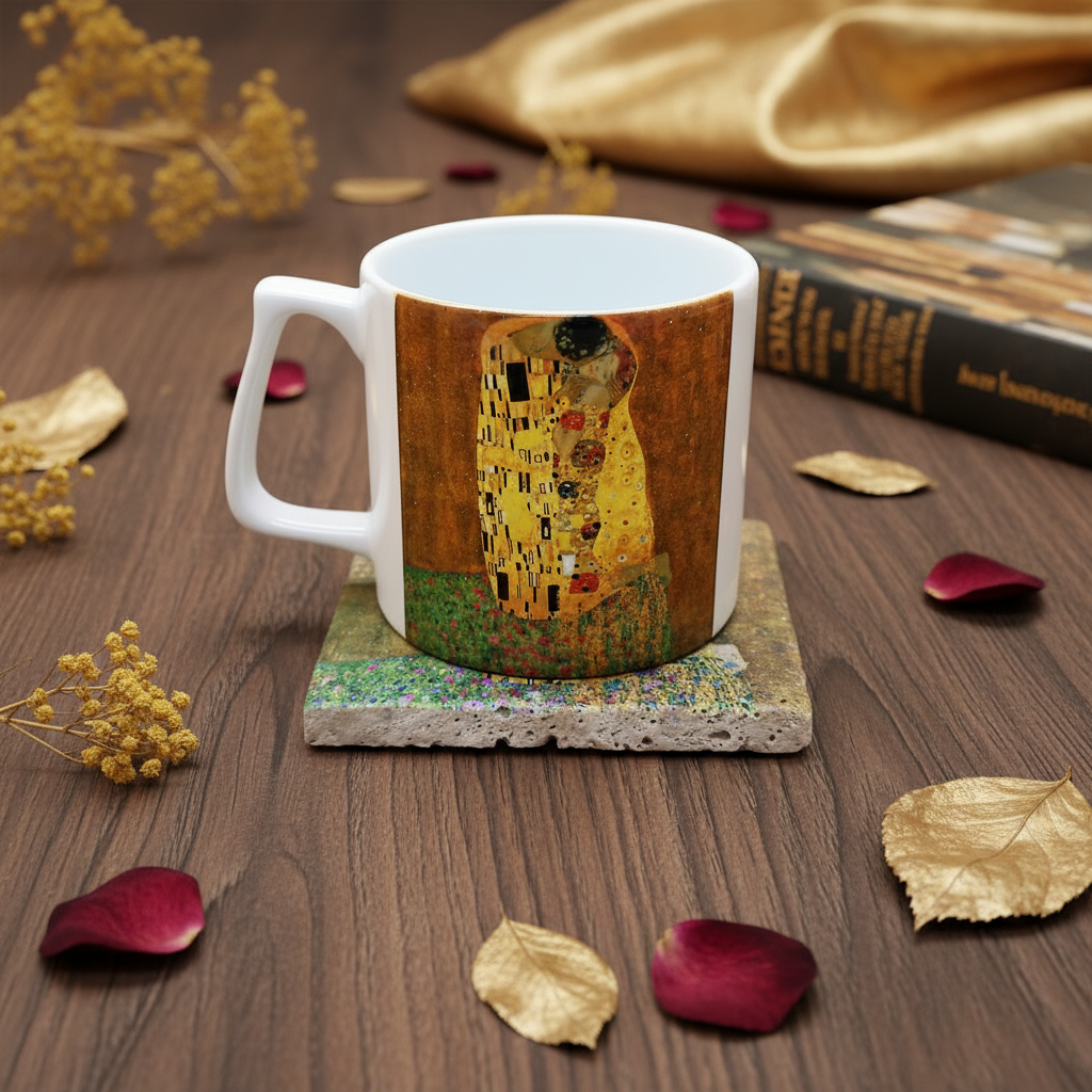 Klimt – Öpücük (The Kiss) Yelken Kulplu Kupa ve Bardak Altlığı Seti – görsel 3