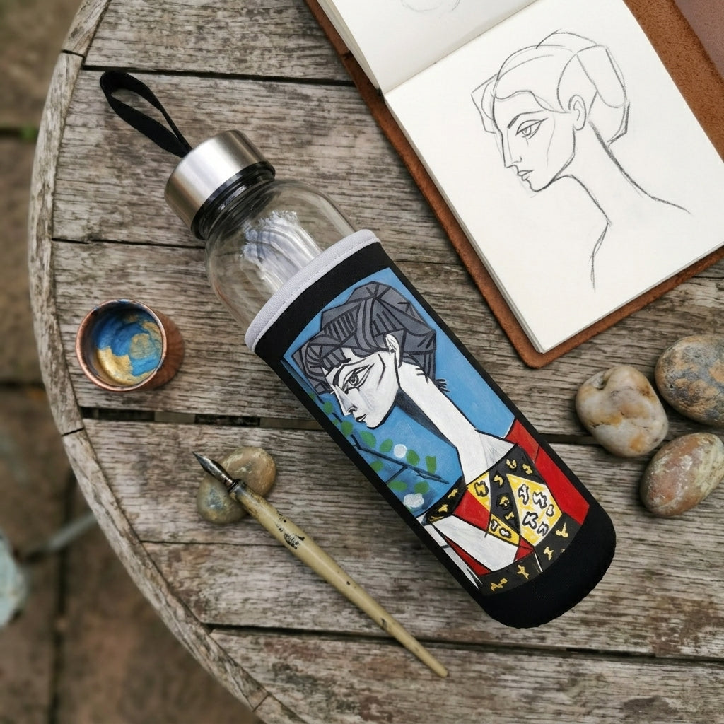 Picasso – Çiçekli Jacqueline (Jacqueline with Flowers) Kılıflı Cam Matara 500 ml – görsel 4