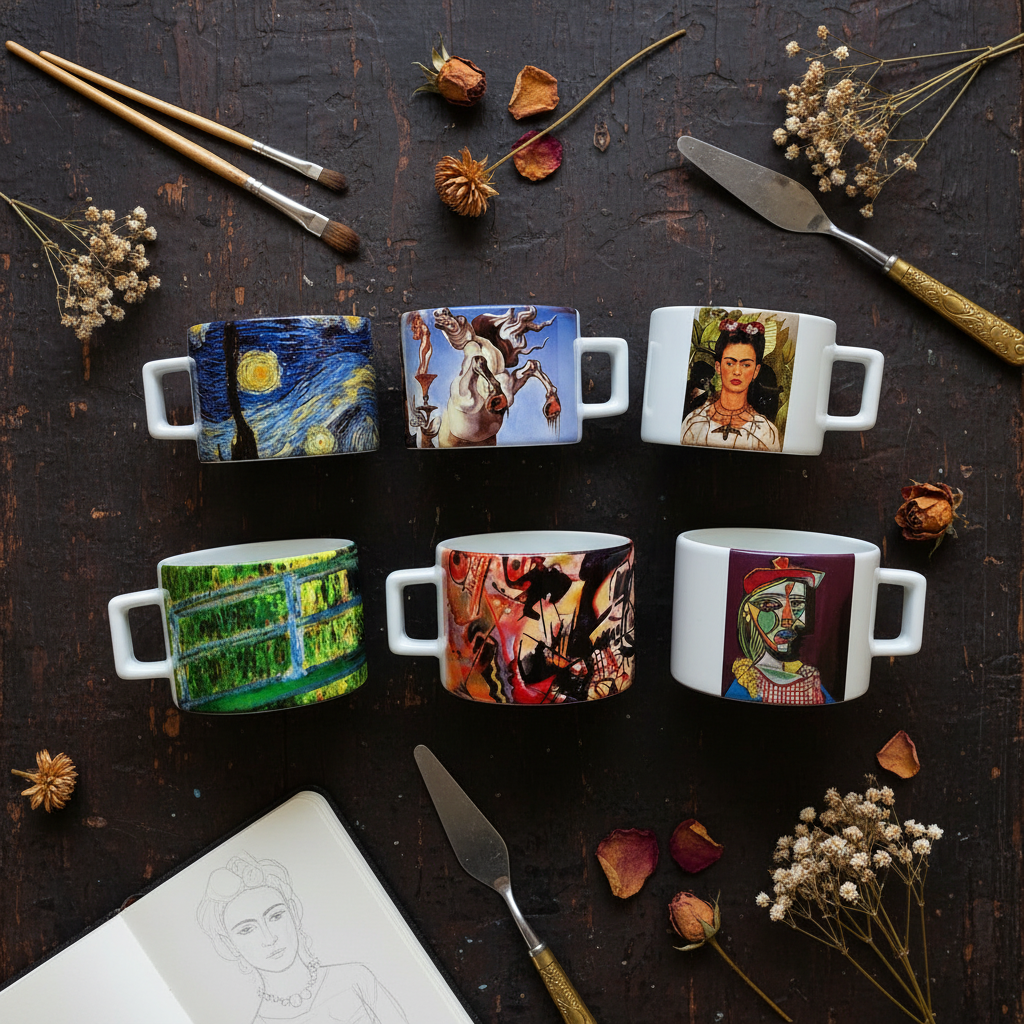 Sanatçılar Serisi – 6'lı Çay/Kahve Fincanı Seti (Dali, Van Gogh, Picasso, Kandinsky, Frida Kahlo, Monet) – görsel 3