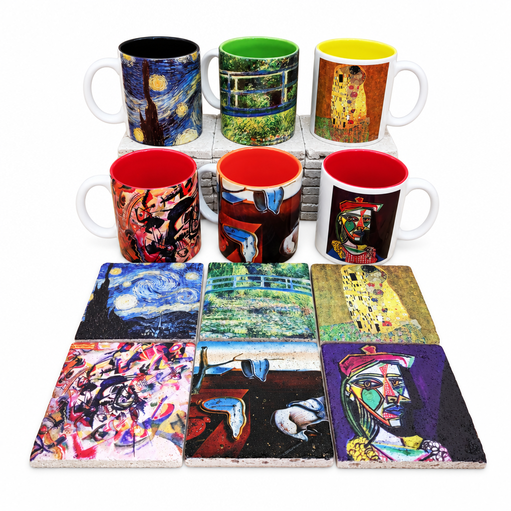 Sanatçılar Serisi – 6'lı İçi Renkli Kupa ve Bardak Altlığı Seti (Dali, Van Gogh, Picasso, Kandinsky, Klimt, Monet)