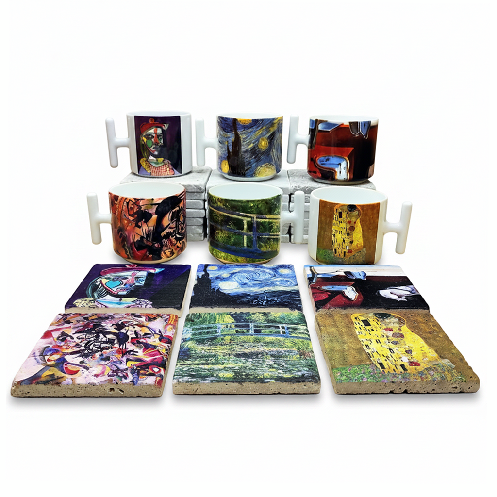 Sanatçılar Serisi – 6'lı T Kulplu Kupa ve Bardak Altlığı Seti (Dali, Van Gogh, Picasso, Kandinsky, Klimt, Monet)