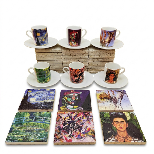 Sanatçılar Serisi – 6'lı Türk Kahvesi Fincanı ve Bardak Altlığı Seti (Dali, Van Gogh, Picasso, Kandinsky, Frida Kahlo, Monet)